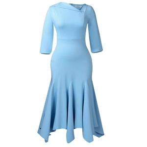 Detail of elegant light blue dress showing asymmetrical neckline and 3/4 sleeves