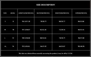 Size chart showing bust and waist dimensions for the elegant backless slit evening dress