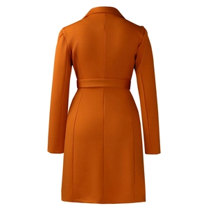Back view of caramel long-sleeve blazer dress featuring a waist belt and tailored fit