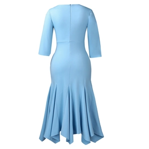 Detail view of the light blue fishtail hem and back invisible zipper on the dress
