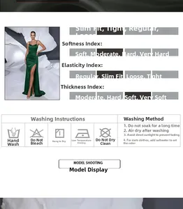 Detail view of dark green satin evening gown featuring high slit and slim fit chart