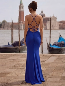 Elegant royal blue sequin V-neck evening gown with open back and fishtail hem design