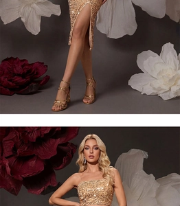 Detail of gold sequin crop top and high slit skirt set with metallic glitter finish