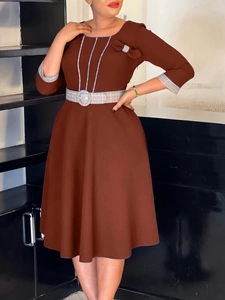 Elegant deep burgundy 3/4 sleeve midi dress with plaid belt and contrast neckline