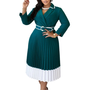 Detail of dark green pleated long sleeve dress with white contrast lapel and belt