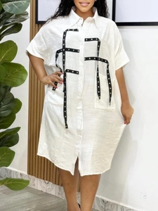 Women Casual Short Sleeve Shirt Dress Lapel Oversized Button Down Midi Dress With Eyelets Strap Decoration Fashion Loose