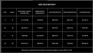 Detailed size chart for gold sequin crop top and high-waisted skirt party set