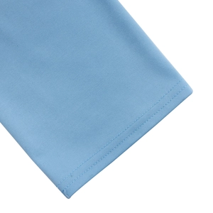 Close-up of light blue dress sleeve with double-needle stitching and smooth knit texture