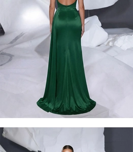 Deep green satin evening dress featuring an elegant backless design and a long train