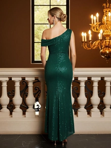 Elegant emerald green sequin evening gown with high slit and asymmetrical neckline