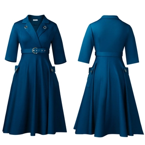 Robe élégante bleu foncé avec col tailleur et jupe trapèze vue détaillée