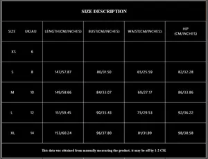Detailed size chart for evening dress showing bust waist and length in cm and inches