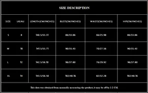 Size chart showing CM and INCHES for sequin V-neck formal evening gown, sizes S to XL