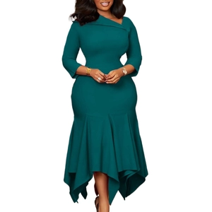 Detail of elegant dark green high waist dress with asymmetric neckline and fitted sleeves