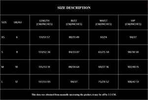 Size chart detail for beige high waist bridesmaids dress from size XS to L with measurements
