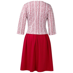 Vue arrière d'un ensemble robe chic à manches longues avec imprimés rouges et jupe plissée