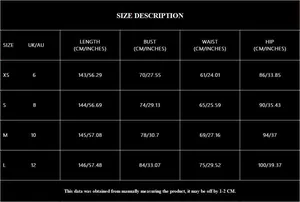 Detailed size chart for champagne sequin evening gown with measurements in cm and inches