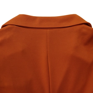 Detailed view of the stitched neckline and back collar on a solid brick red blazer dress