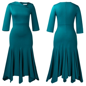 Front and back view of elegant asymmetrical neckline midi dress with ruffle fishtail hemline