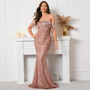 Elegant Women Off Shoulder Sequin Tassel Mermaid Evening Dress Champagne Rose Gold Slim Fit Floor Length Party Wedding Gown