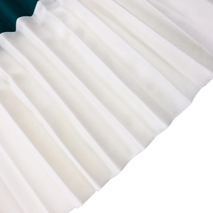 Detail of A-line dress hem featuring vertical pleats and dark green white color block