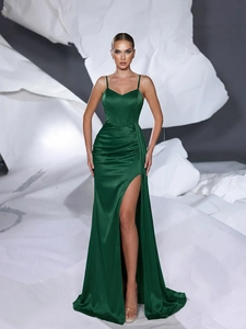 Elegant Dark Green Satin Evening Gown V-Neck High Split Backless High Waist Maxi Mermaid Dress For Wedding Banquet Party