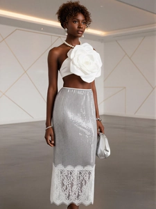 Silver sequin high waist skirt with lace trim and white rose strapless top