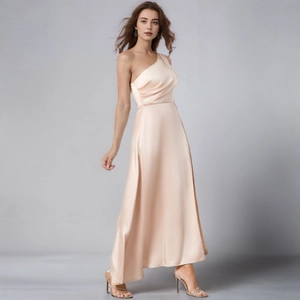 Elegant beige satin one shoulder maxi dress with side slit for bridesmaids or galas
