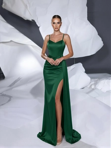 Dark green satin evening gown with V-neck, high slit and open back for formal events