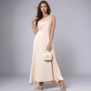 Elegant beige one-shoulder satin maxi evening dress with a high side slit for bridesmaids