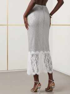 Elegant silver sequin high waist skirt with white lace trim and slim A-line fit