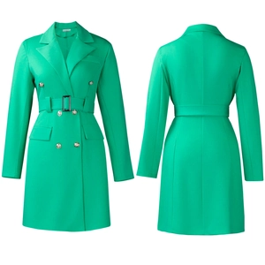 Front and back view of a slim fit lime green double-breasted dress with a belt