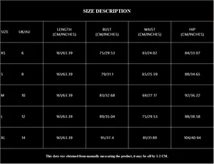 Detailed size chart for champagne evening gown showing measurements from XS to XL sizes