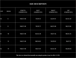 Detailed size guide table for V-neck high waist evening dress with measurements in cm and inches