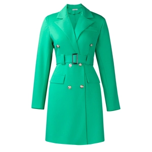 Detail of green double-breasted blazer dress featuring silver buttons and matching belt