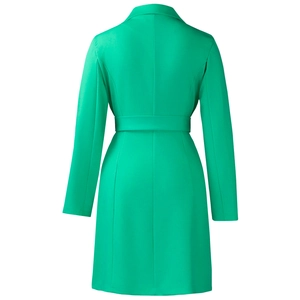 Rear view of emerald green long-sleeve dress coat with adjustable waist belt detail