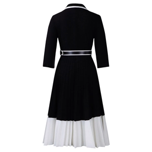 Detailed back view of the black and white pleated A-line dress with contrasting white collar