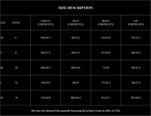 Detailed size guide table for champagne sequin V-neck evening gown in CM and inches