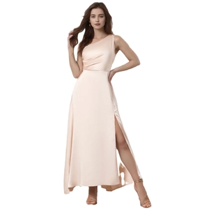 Elegant champagne satin one-shoulder maxi dress with high slit and waist pleats for women