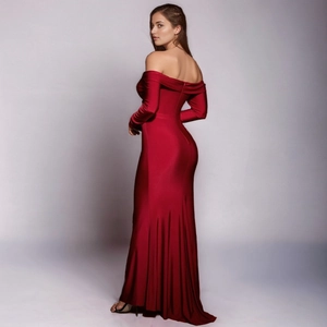 Elegant red off-shoulder long sleeve mermaid evening dress with a high waist and floor length
