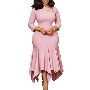 Detail of elegant pink dress featuring asymmetrical neckline and mermaid ruffle hemline