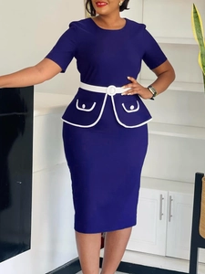 Abito Midi da Donna Elegante a Maniche Corte Con Peplo Girocollo Vestibilità Slim a Tubino Con Cintura da Ufficio Business