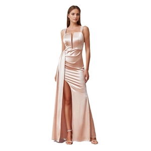 Elegant champagne satin evening gown featuring a deep V-neckline and high side slit