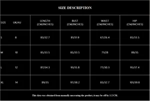 Detailed size chart for champagne sequin party dress including bust and waist measurements