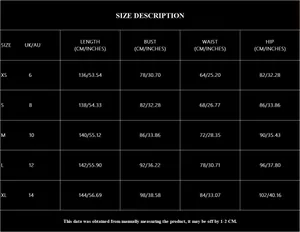 Detailed size chart for solid color high slit evening dress featuring CM and INCH measurements