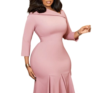 Detailed view of elegant pink dress with asymmetric collar and mermaid ruffle hemline