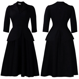 Détail de robe noire à col en V avec taille à basque et élégante jupe longue évasée en A
