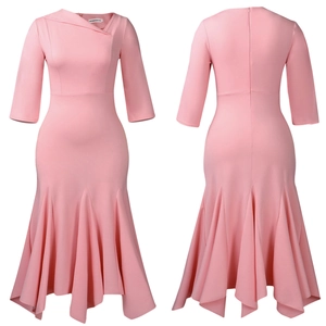 Detail of elegant pink fitted dress showing asymmetrical neckline and mermaid hemline