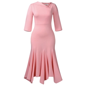 Detailed close-up of pink slim dress featuring asymmetric neckline and brand label