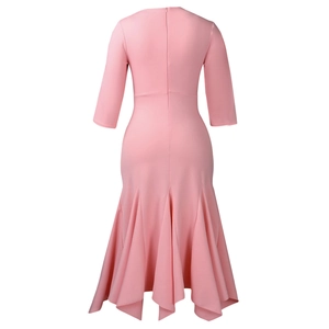 Detailed back view of the pink fitted dress showing the high waist and fishtail hemline